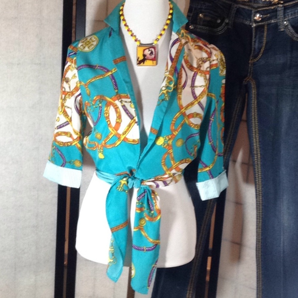 Turquoise tie front blouse